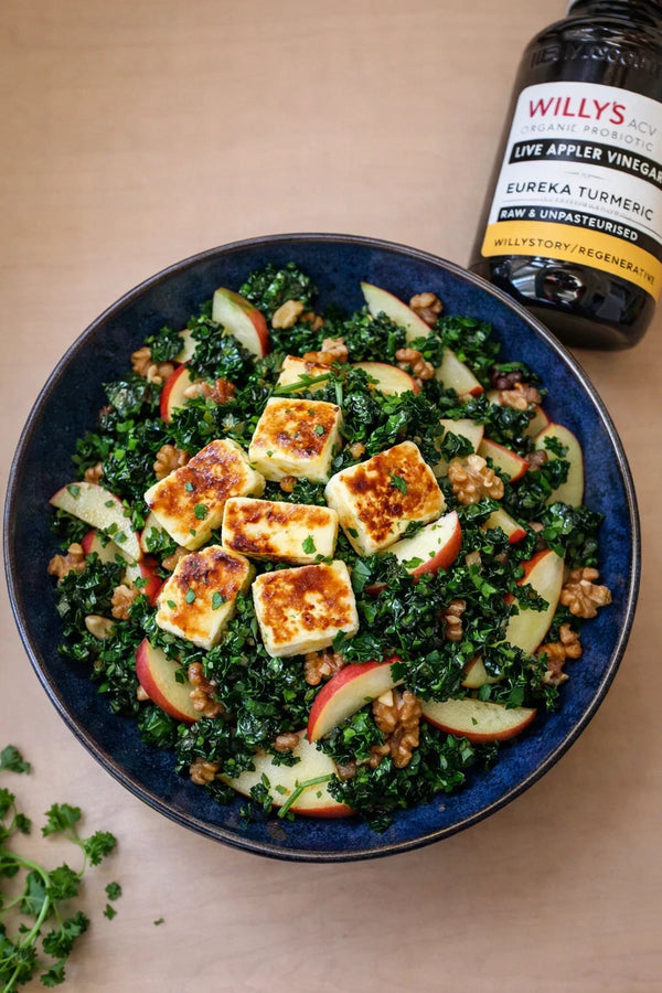 Kale, Halloumi, Apple & Walnut Salad with Eureka ACV dressing