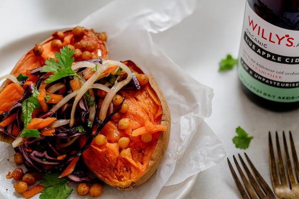 Spiced Chickpea Stuffed Sweet Potatoes with ACV Slaw