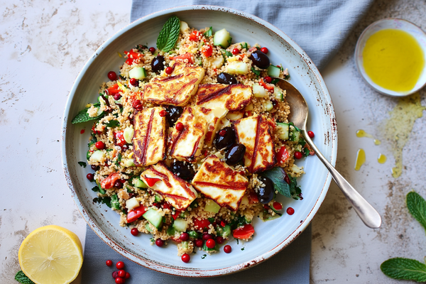Halloumi Sun Dried Tomatoes Olive Cous Cous With Lemon Honey Dressing